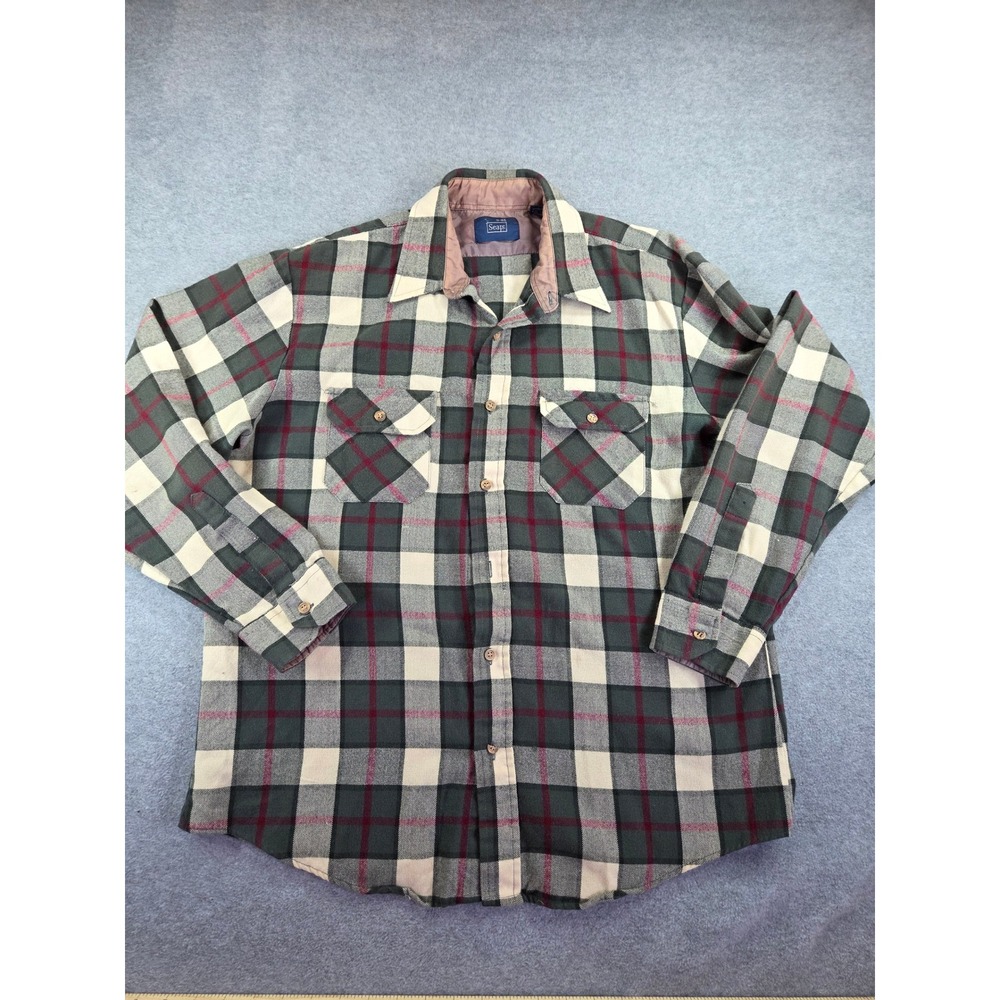 Vintage Sears Plaid Flannel Shirt Mens Large 16-16.5 Green Red Grunge Workwear